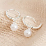 Glass Pearl Huggie Hoop Earrings Silver