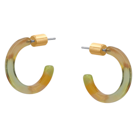 Hoop earrings with gradient yellow and brown design on a white background