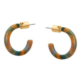 Hoop earrings with multicolored resin hoop and gold accents on a white background