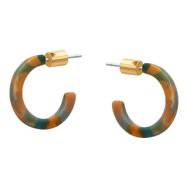 Hoop earrings with multicolored resin hoop and gold accents on a white background