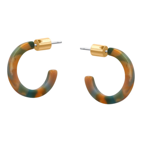 Hoop earrings with multicolored resin hoop and gold accents on a white background