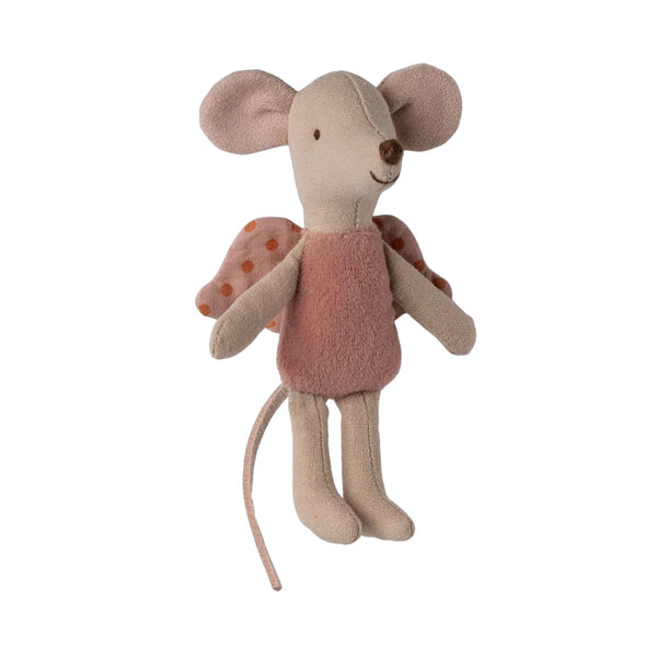 Angel toy mouse with a pink dress on a white background