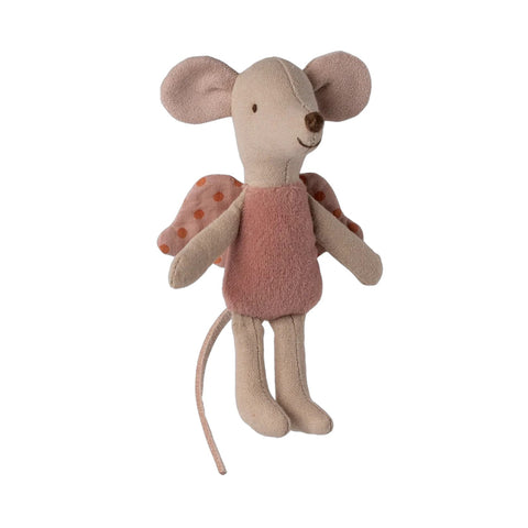 Angel toy mouse with a pink dress on a white background
