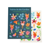 Set of temporary tattoos with fairies and flowers on a blue and white background