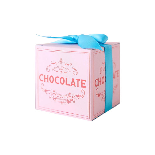 pink and red box tied up with blue ribbon .