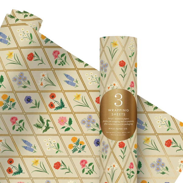 roll of wrapping paper with floral illustrations