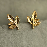 Gold leaf-shaped earrings on a textured surface with a neutral background