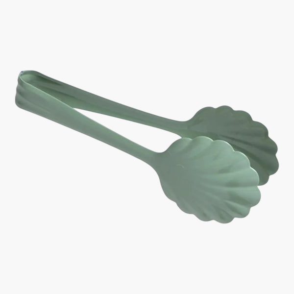 A pair of mint green clamshell tongs with a scalloped edge, shown on a plain white background.