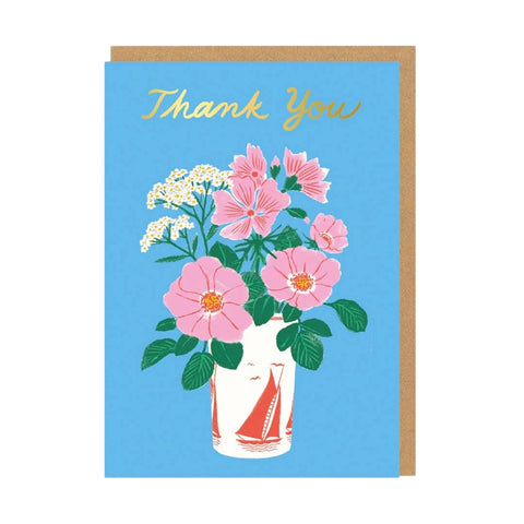 Greeting card with pink flowers in a vase and 'Thank You' text on a blue background