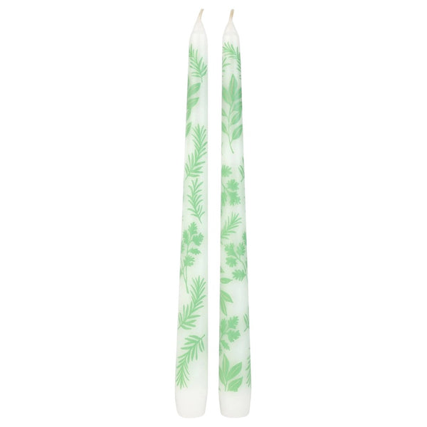 Two white taper candles with a light green herb leaf pattern, standing upright against a plain white background.
