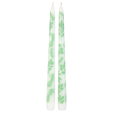 Two white taper candles with a light green herb leaf pattern, standing upright against a plain white background.