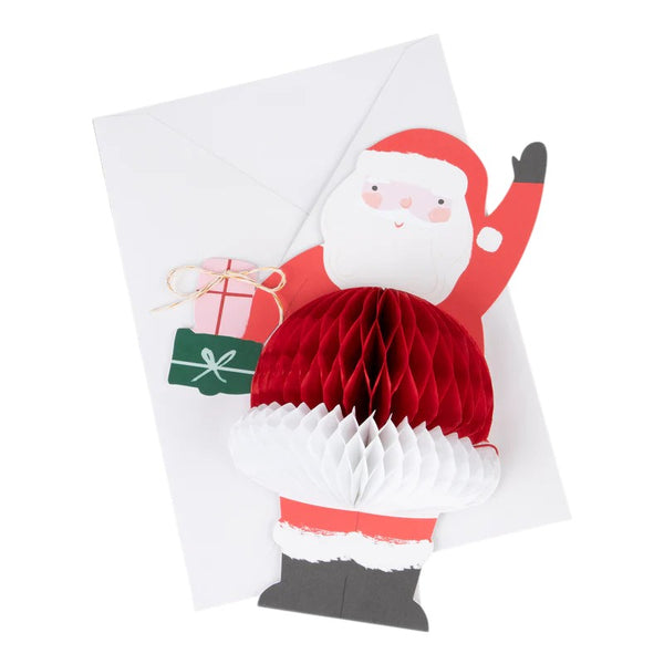 Christmas card with a 3D honeycomb design of Santa Claus holding gifts on a white background