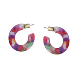 Hoop Earrings Flat Oval Small Resin Purple Pink