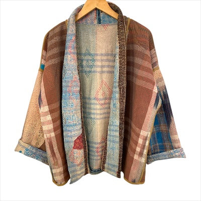 Jacket Kantha Reversible Blue Ikat Diamond