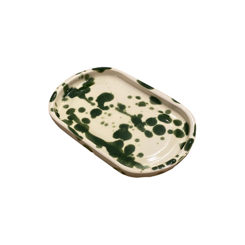 Trinket Dish Rounded Ceramic Olive Green Splatter