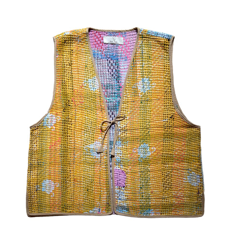 Waistcoat Cotton Kantha Vintage Fabric Ocher