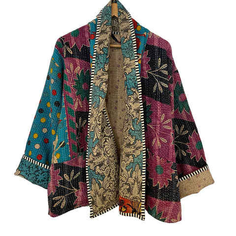 Jacket Cotton Kantha Reversable Broad Collar Vintage Fabric Blue