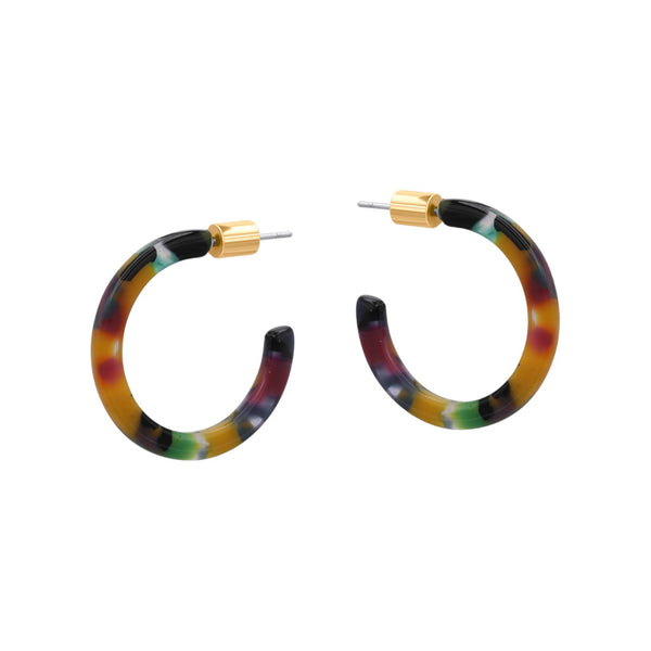 Multicolored hoop earrings with gold accents on a white background