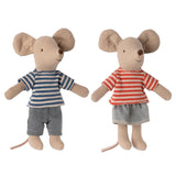two fabric mice wearing stripy t-shirts, shorts and a skirt