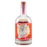 Glass bottle of matches with a cork and pink sticker over the top thats says Matches. Decorative label in centre of bottle illustrated with a white curly poodle circled by a golden wreath with pink bows. All on a red background with the words Seasons Greetings.