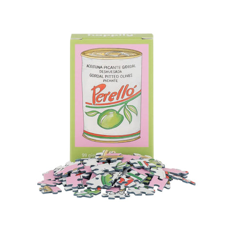 Perello olive can-shaped puzzle with packaging on a white background