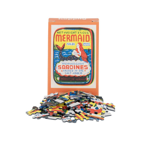 Mermaid-themed sardine can puzzle with packaging on a white background