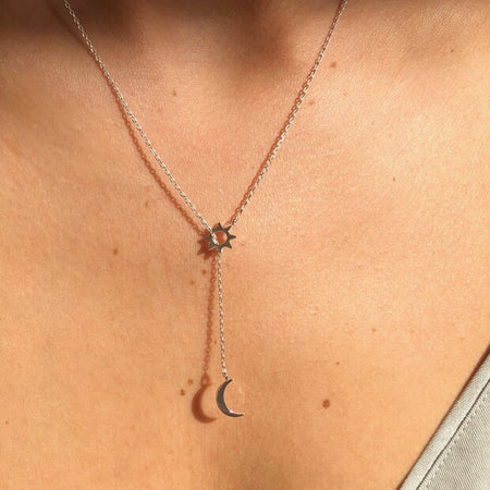 Moon And Stars Lariat Necklace Silver