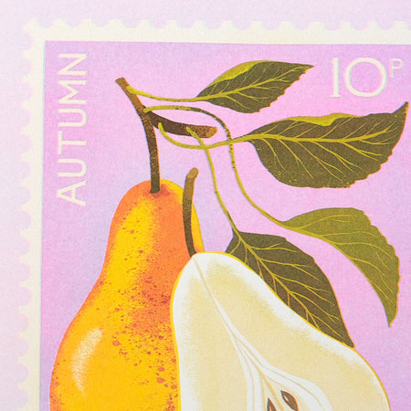 Close-up of a postage stamp design featuring an autumn pear illustration on a pink background with the word AUTUMN and a 10p denomination.