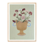 Framed artwork of a vase with flowers on a light green background