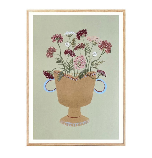 Framed artwork of a vase with flowers on a light green background