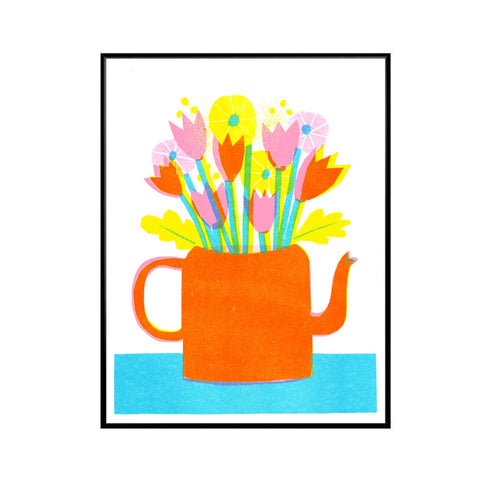 Print A4 Risograph Teapot Flowers