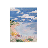 Painting of a landscape with a blue sky and clouds, featuring text at the top.