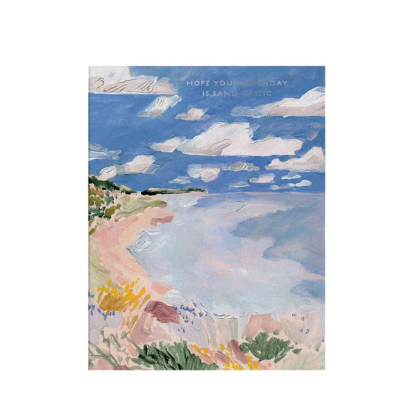 Painting of a landscape with a blue sky and clouds, featuring text at the top.