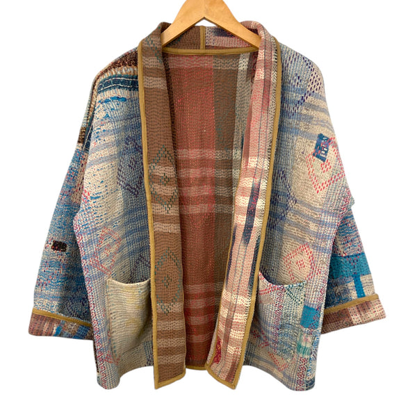 Jacket Kantha Reversible Blue Ikat Diamond