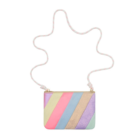 Colorful striped bag with a white and pink strap on a white background