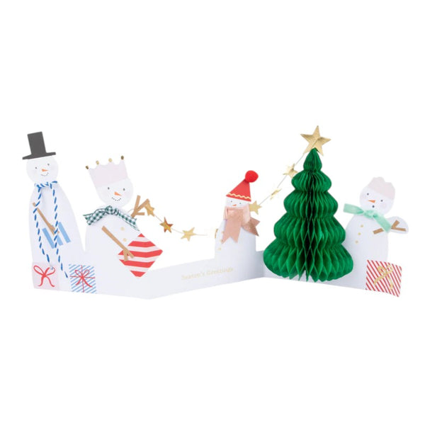 Decorative paper chain with snowmen and a Christmas tree on a white background