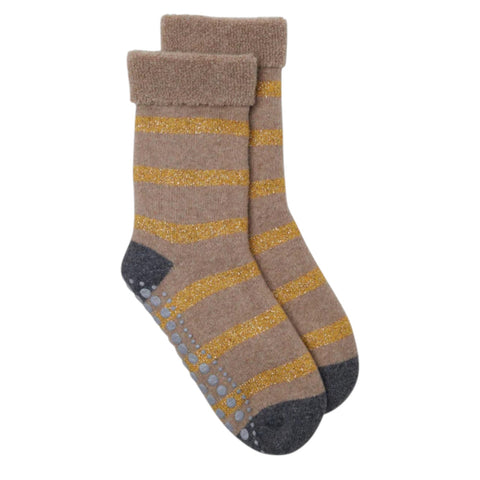 Glitter Stripe Slipper Socks Camel/Gold