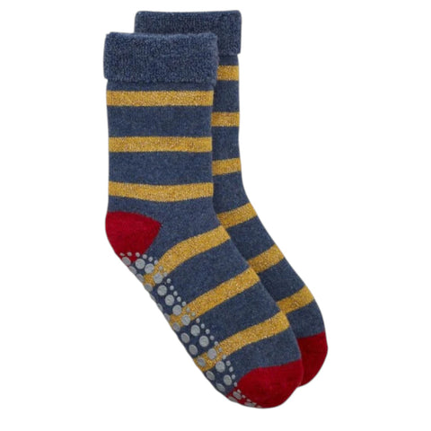 Glitter Stripe Slipper Socks Gold/Blue