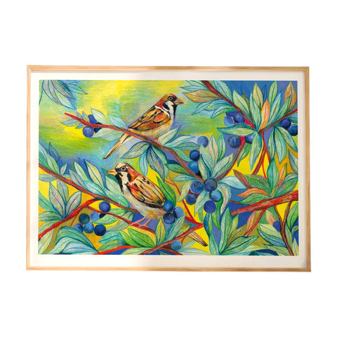 A3 Limited Edition Print Sparrows And Blueberries