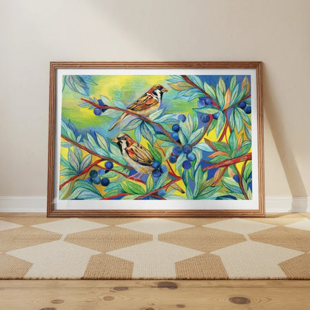 A3 Limited Edition Print Sparrows And Blueberries