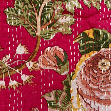 Throw Kantha Cotton Block Print Cerise Vine