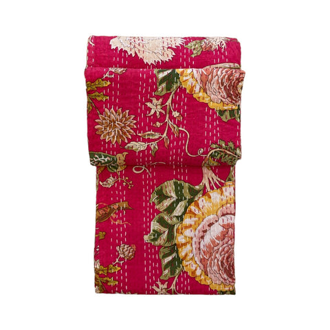 Throw Kantha Cotton Block Print Cerise Vine