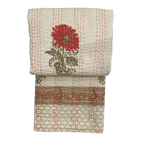 Throw Kantha Block Print Pink Flower