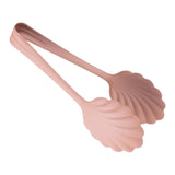 A pair of silicone tongs with scallop-shaped ends in a dusty pink color, shown on a plain white background.