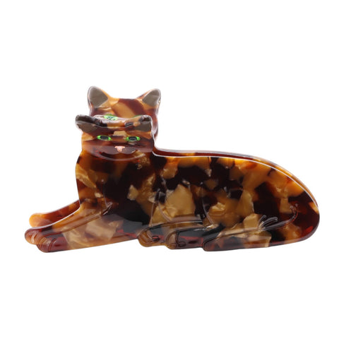 A clip claw hair clip in the shape of a tortoiseshell cat.