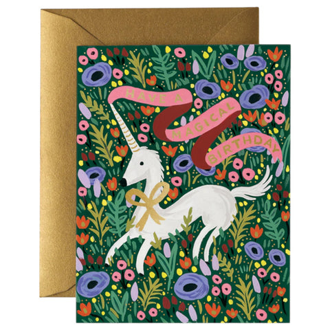 Greeting card with unicorn and floral design, featuring a gold envelope.