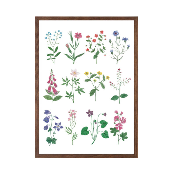 Framed artwork of various stylized flowers on a white background
