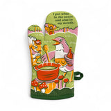 Colorful oven mitt with bird design on a white background