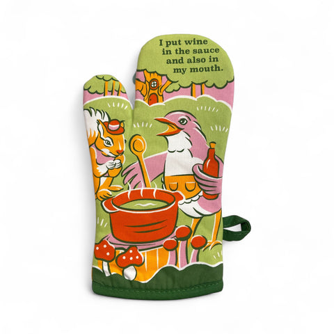 Colorful oven mitt with bird design on a white background