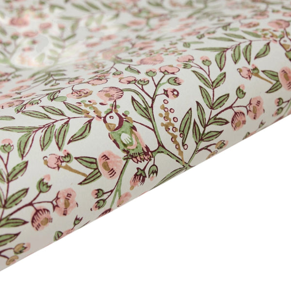block printed wrapping paper with pink and green birds